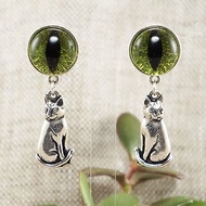 Olive Green Glass Cat Eye Evil Eye Silver Cat Kitten Protection Earrings Jewelry