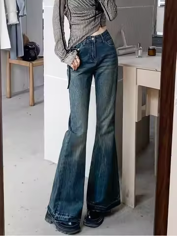 Burr Edge Design Vintage Flare Jeans High Waist Korea Casual Skinny Denim Pants New Women Streetwear
