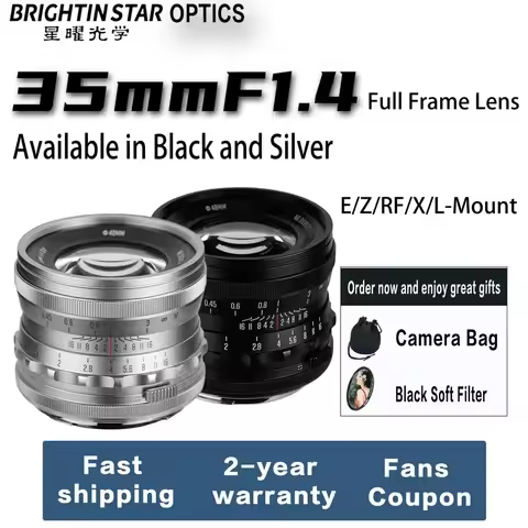 Brightin Star MF 35mm F1.4 Full Frame Manual Focus Prime Lens Mirroless Cameras Lens for Sony E Fuji