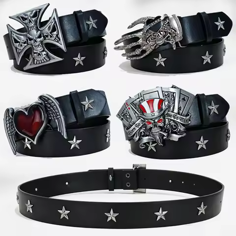 1pc Men's Belt dark punk skull buckle Stars rivet Waistband Female versatile Gothic decorative jeans