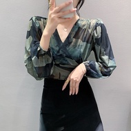 Yimei áo in da báo cổ điển áo quần áo chống nắng lưới cổ chữ V gợi cảm 2023 Áo Thun Nữ Tay áo dài bo