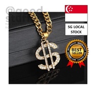 [SG FREE 🚚] Gold Plated Crystal Dollar Sign Pendant Necklace Gangster Pimp Hip Hop Chain