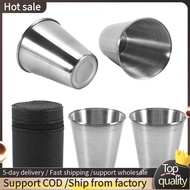 Stainless Steel Shot Cups, Set of 4 Cups, Metal Shot Glasses, Stackable, Hip Flask Small with Leathe