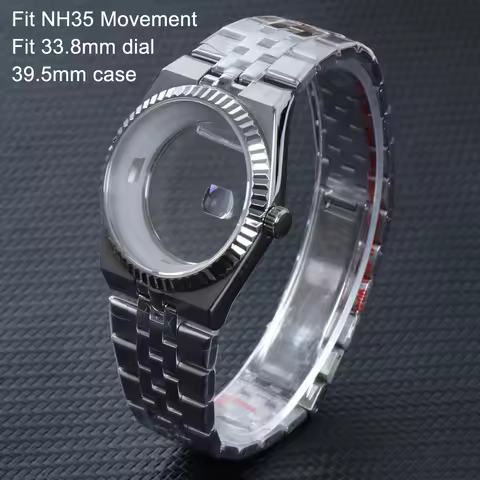 39.5mm Land-Dweller Watch Case With Strap Sapphire Glass Fit 33.8mm Dial Men's Silver Case Fit NH35 