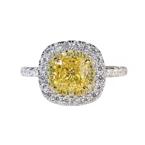 Solid 18K White Gold AU750 Ring 1.5CT Yellow Cushion Diamond Women Engagement Ring For Girl Brillian