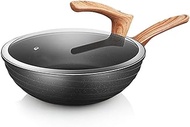 JBJWM Classic Series Carbon Steel Wok Set, CharcoalCraft Wok Traditional Hand Hammered Carbon Steel Pow Wok with Wooden and Steel Helper Handle
