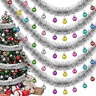 Zeyune 5 Pcs 33 ft Christmas Tinsel Garland Metallic Twist Garland with Ball Tree Foil Metallic Streamers Christmas Ball Tinsel Decoration for Outdoor Wedding Birthday Party, 6.6 ft Each (Silver)