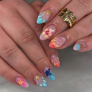 30 Pieces Summer 3d Three-Dimensional Short Almond Wearing Nails Painted Colorful Starfish Flowers H