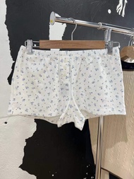 กางเกงขาสั้นผ้าฝ้ายพิมพ์ลายดอกกุหลาบเอวสูงสบายๆ สำหรับผู้หญิง กางเกงขายาวทรงตรงสไตล์หวาน OOTD BM กาง