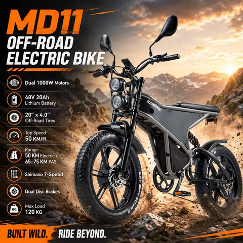 MD11 Off Road E-Bike Dual 1000W High Speed Motors 48V 20Ah Battery 20 Inch Fat Tires Shimano 7 Speed