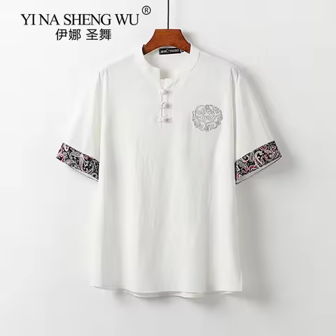 Summer Chinese Style Large Size M-9XL Men's Casual Loose V-neck White Short Sleeve T-Shirt Man T-shi