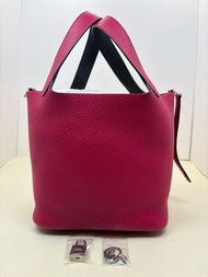 Hermes 愛馬仕 Z刻 糖果粉拼烏木色銀扣菜籃子picotin 22 TC皮 鎖具齊全22cm