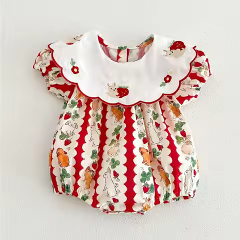 Summer Baby Girls Cute Rabbit Embroidery Peter Pan Collar Short Sleeve Romper Soft Breathable Cotton
