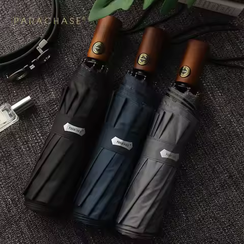 Parachase Wooden Umbrella for Sun, Automatic UV Umbrella Men Women, Golf Parasol Umbrella Windproof 