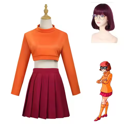 Anime Velma Seragam Cosplay Kostum Orange jupe courte uniforme Wanita Oranye Kaus Kaki Rok Atas Hall