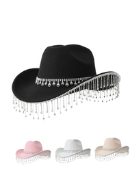 1頂男女皆適用的Fedora帽：時尚流行的鑽石流蘇Felora帽，非常適合婚禮派對、舞台秀、化裝舞會、遮陽，也適合夏季情侶帽。