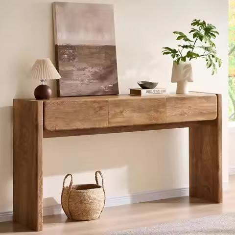 OKD 63'' Console Table with 3 Drawers, Farmhouse Entryway Table with Rounded Corners, Console Table 