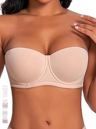 Women's Strapless Bra with Clear Straps for Large Bust [No Red Mark] Underwire Bras Band Size(34-48)