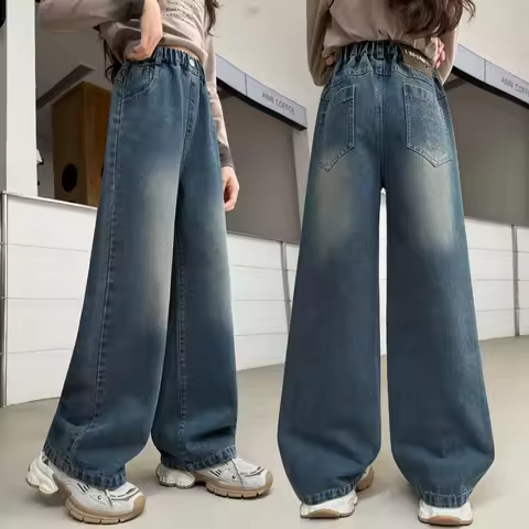 Minimalist Style Children Classic Wide Leg Jeans for Tweens Girl Loose Brief Blue Denim Pants Kids C