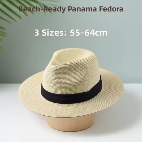Large Size Panama Hats Lady Beach Wide Brim Straw Hat Man Summer Sun Cap Plus Size Fedora Hat 55-57c