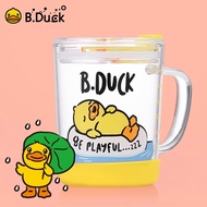 B.DUCK小黄鸭牛奶杯350ml 儿童高硼硅玻璃水杯男女宝宝带刻度吸管杯可微波炉加热冲泡奶粉直饮杯