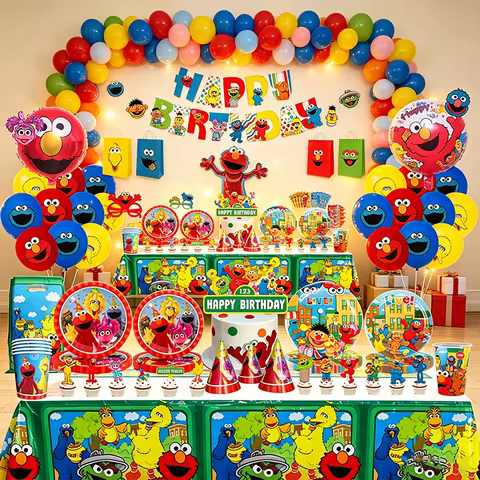 Cartoon Birthday Party Supplies Disposable Plates Cups Elmo Balloons Set Banner Backdrop Sesame Stre