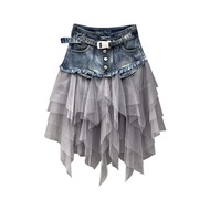 Women Skirt High Waist Denim Splicing Mesh Yarn Irregular Hem A-Line Skirt Versatile Work Leisure Da
