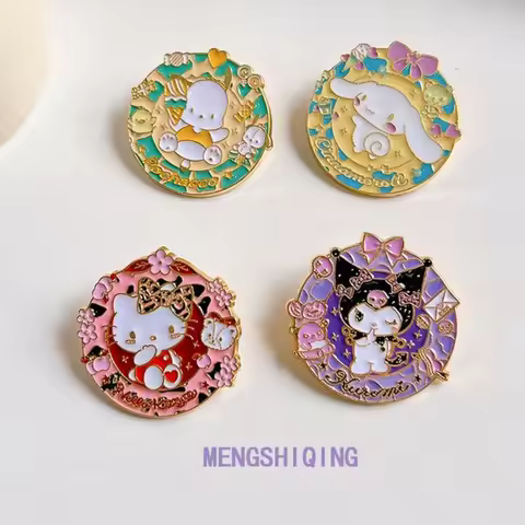 Sanrio Cute Enamel Brooch Cinnamoroll Kuromi Flower Wreath Design Fashion Badge for Clothing Backpac