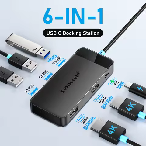 Lemorele TC122 6 in 1 USB HUB Type C Dual 4K HDMI USB C 3.0 5Gbps PD100W Computer Office Accessories