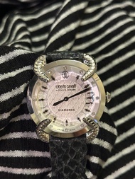 「正品」 ROBERTO CAVALLI x FRANCK MULLER 藍寶石錶面防水銀框白底碎鑽手錶+黑色皮錶帶