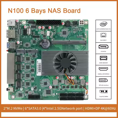 N100 NAS DDR5 Motherboard 6* SATA3.0 4X Intel I226 2.5G Mini ITX 17x17CM 2* M.2 1XPCIE For Soft Rout