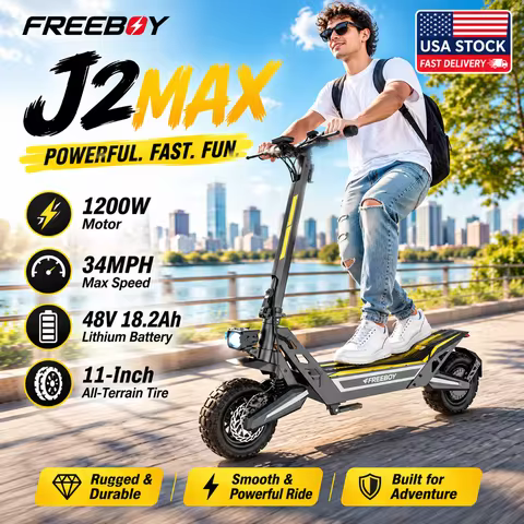 FREEBOY J2max Electric Scooter for Adults 1200W Powerful Rear Motor 34 MPH Fast Speed 48V 18.2Ah Bat