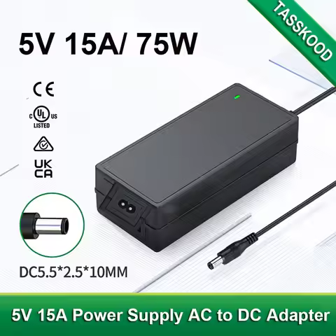 5V 15A Adapter, 100-240V AC to DC 5 Volt 15 Amp 75W Power Supply, 12A 10A 9A 8A Converter RGB LEDs D