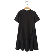 Plus Size XL-4XL Women's Short Sleeve Solid Color Black Dress Fashion Pleated Midi Summer Dresses