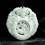 TIMESWIND Natural Jade Three Rams Hollow Light Green Pendant Men Necklace with Certificate Y1N