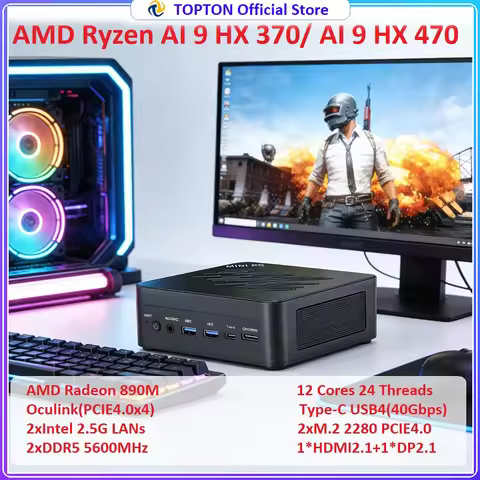 Topton Gaming Mini PC AMD Ryzen AI 9 HX 470 370 7 PRO 360 USB4.0 2x2.5G LAN 2xPCIe4.0 Oculink Mini C