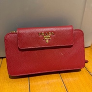 Prada 紅色鏈條長夾斜背包 稀有款｜Saffiano牛皮｜金Logo｜WOC 錢包