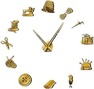 Tailor Shop Decorative DIY Large Wall Clock for Living Room Vintage Sewing Machine Tools Mirror Giant Clock Wall Sticker 47Inch Gold