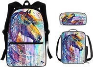 3 Piece School Backpack Kids Laptop Backpack School Bags Insulated Lunch Bag Tote Pencil Case for Boys Girls, Horse, One Size, Travel Backpacks