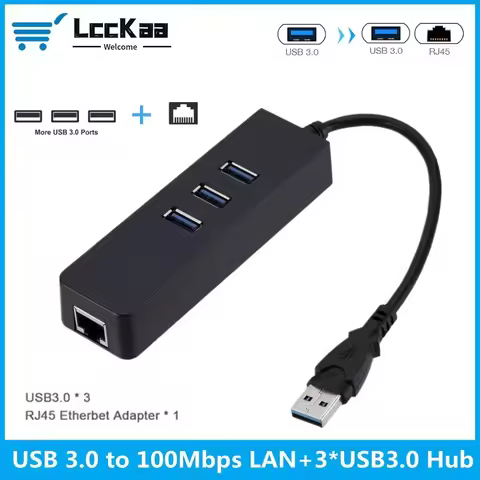 3 Port USB 3.0 Ethernet LAN RJ45 Hub 100Mbps Network Adapter 4 Port Wired External High Speed USB Hu