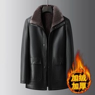 冬季男式皮毛一體加厚加絨皮衣外套中年商務防寒保暖皮大衣男皮衣