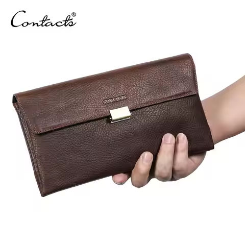 CONTACT'S Genuine Leather Men's Clutch Bag Zipper Clutch Wallets Card Holder Phone Pocket Male Wrist