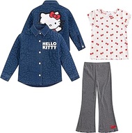 Sanrio Girls 3 Piece Outfit Set with Demin Jacket, Short Sleeve T-Shirt, and Flared Pants Set for Bi