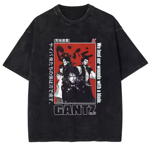 Hot Sale Gantz T-shirt Manga Graphic Vintage Washed Black Unisex Oversized Streetwear Harajuku Anime