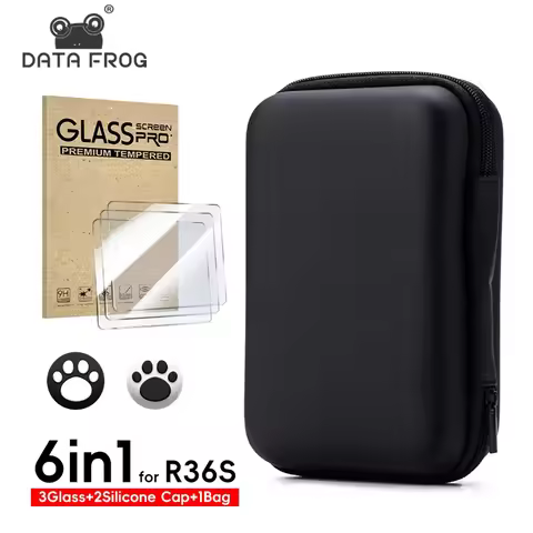 DATA FROG 6 IN 1 Protective Set for R36S Game Console Carrying Case with Tempered Glass Screen Prote