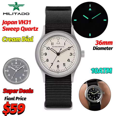 Militado ML14 Quartz Watch Cream Dial VH31/VH65 Sweep Movement Bubble K1/ Sapphire Luminous 36Mm Vin
