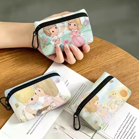 Precious Moments Cute White Oxford Cloth Zipper Coin Purse Lightweight Hanging Key Pouch Card Holder
