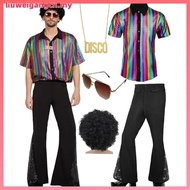 5 PCS Men's 70s Disco Outfit Costume Retro 80s Bell Bottom Pants short Sleeve Shirts