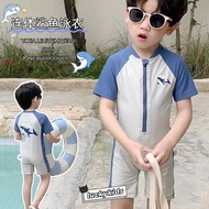 2pcs Kids boys shark print zipper short sleeve one-piece swimsuit+swimming cap