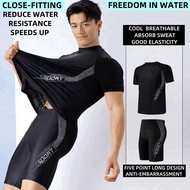 [35-75kg]Men's plus size breathable quick dry elastic swimming suit 2 piece set beach swim shirt and